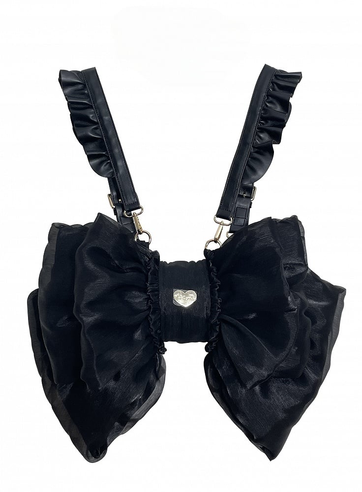 Color Black Bow Tulle Backpack Big Solid