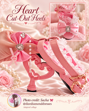 Heart Cut-Out Heels: pink Hime Lolita heart-shaped hollow heel, pearls and jeweled bow. Photo credit Sacha @diordiamonddresses; adapted collage.