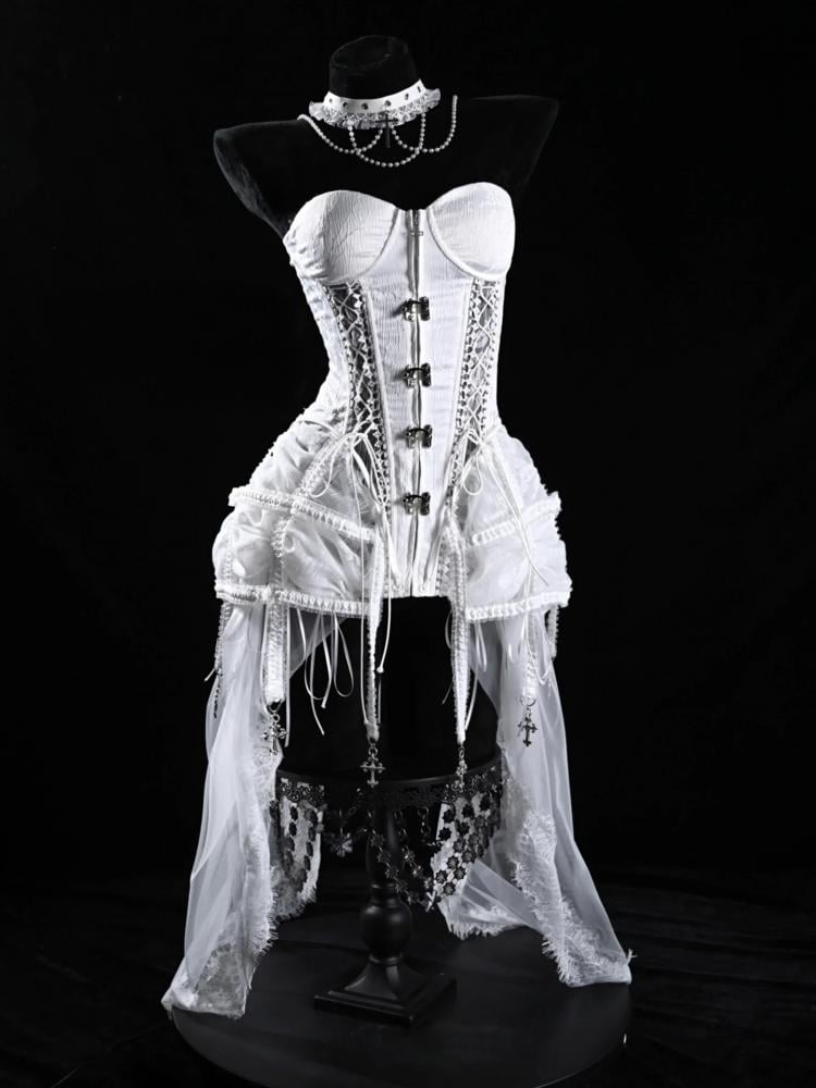 Ensemble jupe cage à oiseaux et corset bustier de style gothique blanc