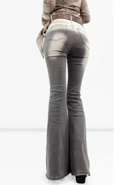 Back view of gray flared trousers
