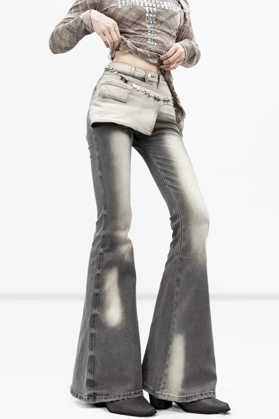 Gray trousers with overlapping front panel