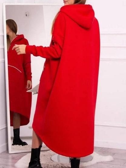 FashionChic Women's Hooded Midi Dress | Casual Polyester Dress with Pockets & Zipper (S-5XL)