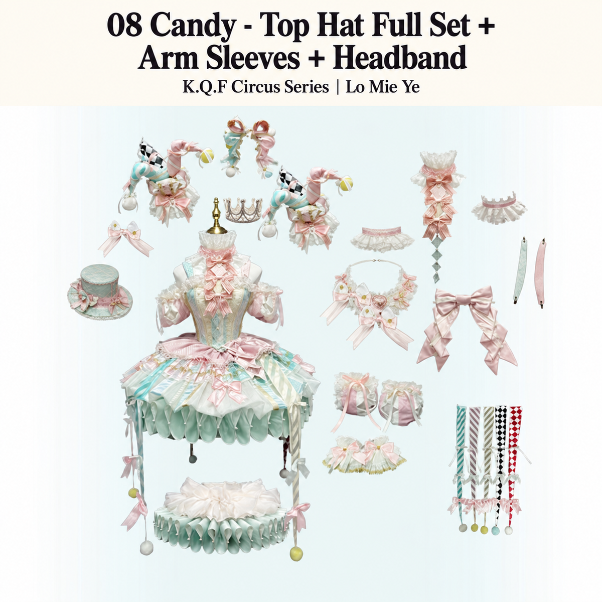 08 Candy - Top Hat Full Set + Arm Sleeves + Headband — K.Q.F Circus Series by Lo Mie Ye, package contents