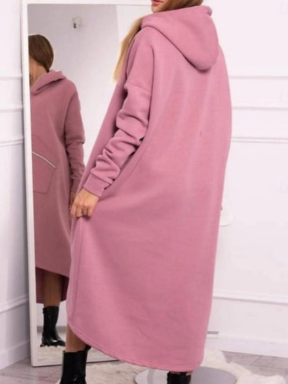 FashionChic Women's Hooded Midi Dress | Casual Polyester Dress with Pockets & Zipper (S-5XL)
