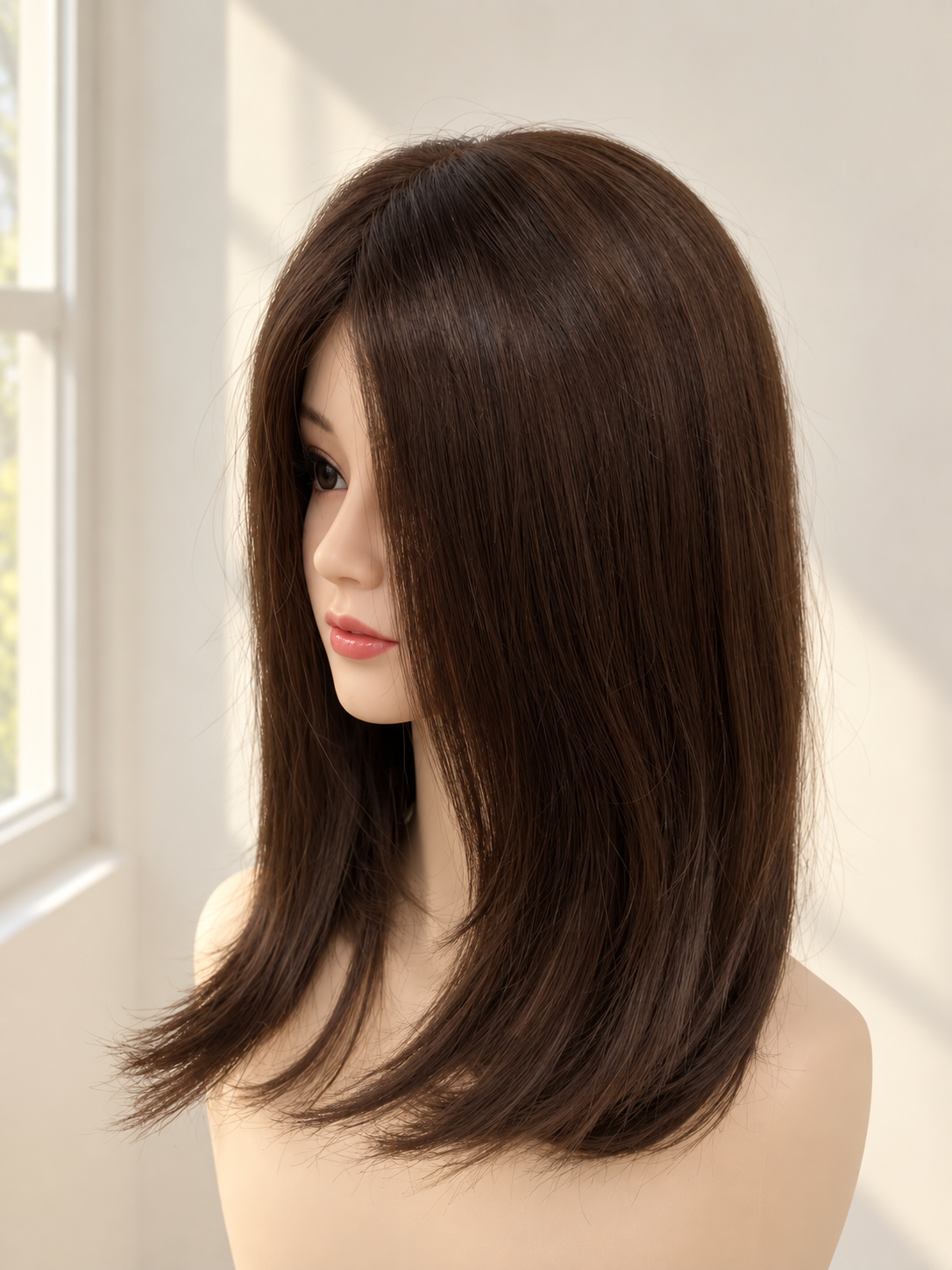 14-inch chocolate brown straight synthetic wig on a cute mannequin in natural light