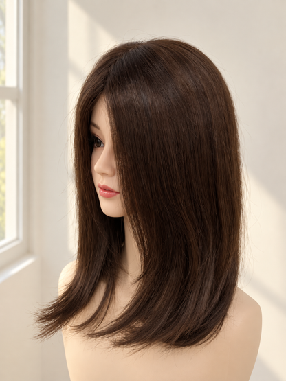 14-inch chocolate brown straight synthetic wig on a cute mannequin in natural light