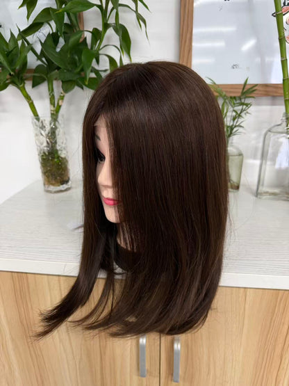 Original real product photo of the 14-inch chocolate brown straight synthetic wig