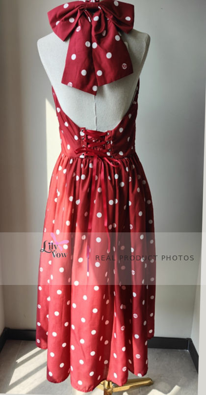 Afternoon Forest red polka dot halter dress real product photo, back view