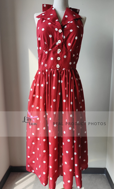 Afternoon Forest red polka dot halter dress real product photo, front view