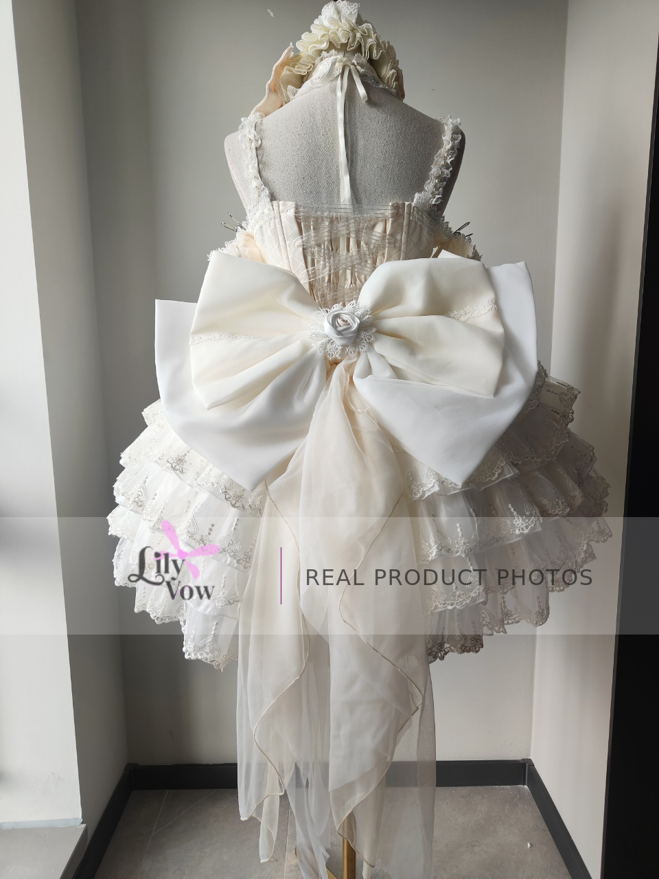 Beige balletcore princess Lolita dress real product photo, back view