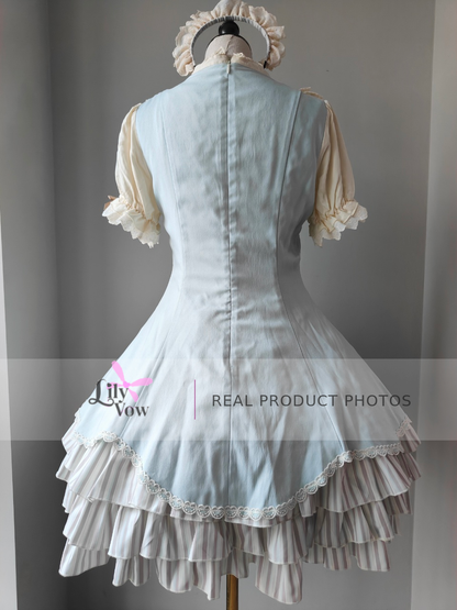 Beige and light blue puff-sleeve scalloped hem Lolita dress real product photo - back view