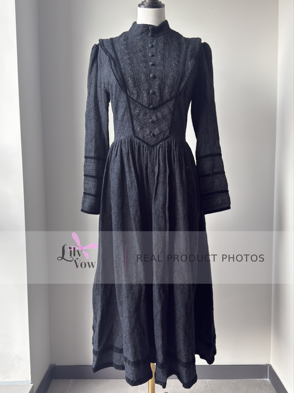Black Edwardian maid Lolita long-sleeve dress front view – LilyVow real product photo