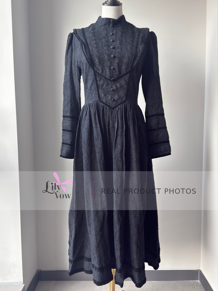 Black Edwardian maid Lolita long-sleeve dress front view – LilyVow real product photo