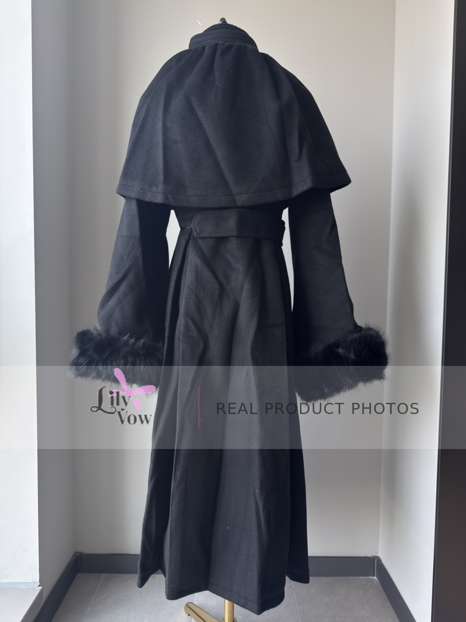 Black Gothic Lolita wool coat back view with cape and detachable fur cuffs – LilyVow real product photo