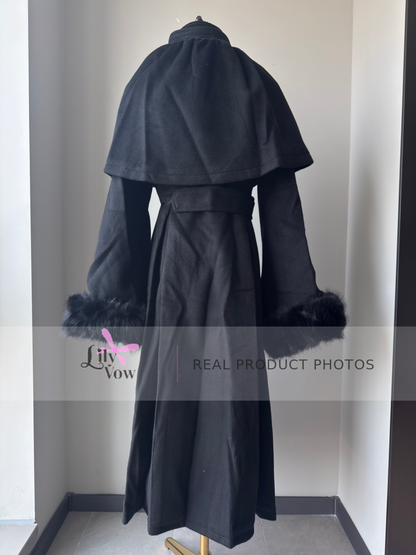 Black Gothic Lolita wool coat back view with cape and detachable fur cuffs – LilyVow real product photo