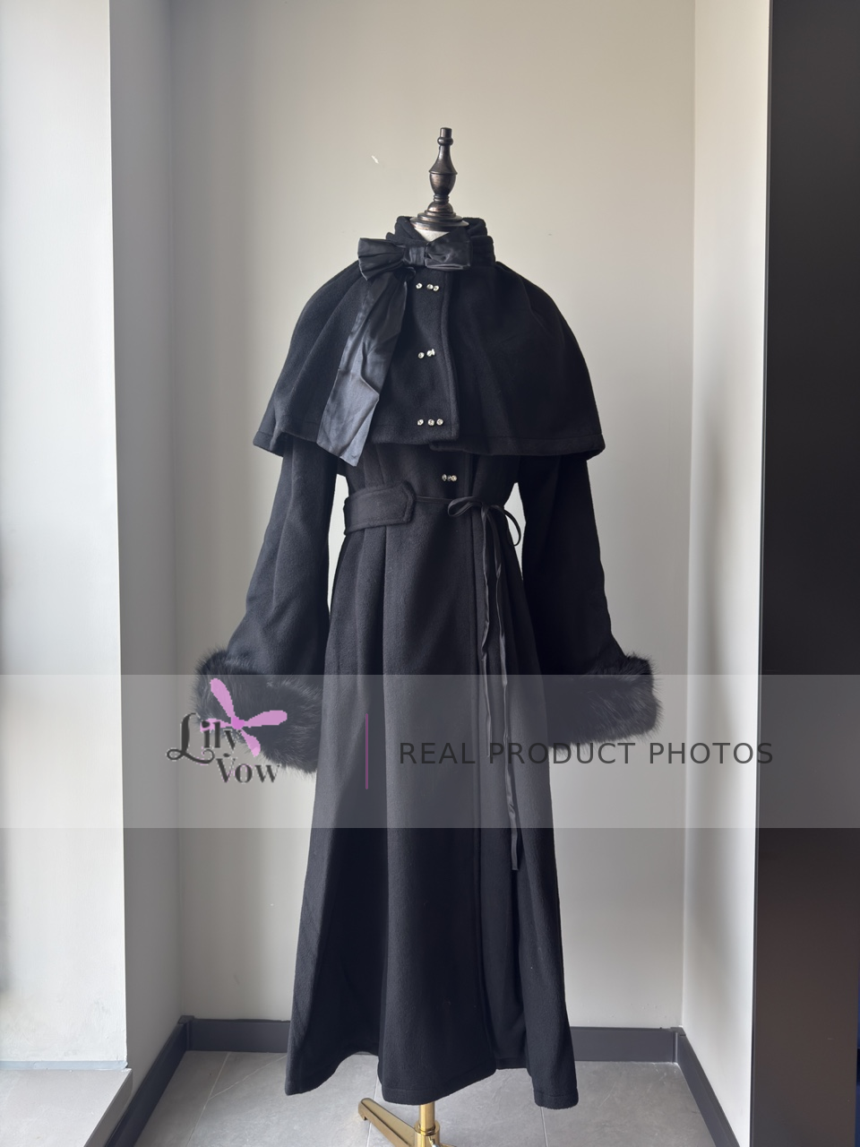 Black Gothic Lolita wool coat with cape and fur cuffs front view – LilyVow real product photo
