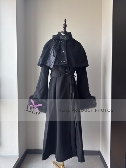 Black Gothic Lolita wool coat with cape and fur cuffs front view – LilyVow real product photo