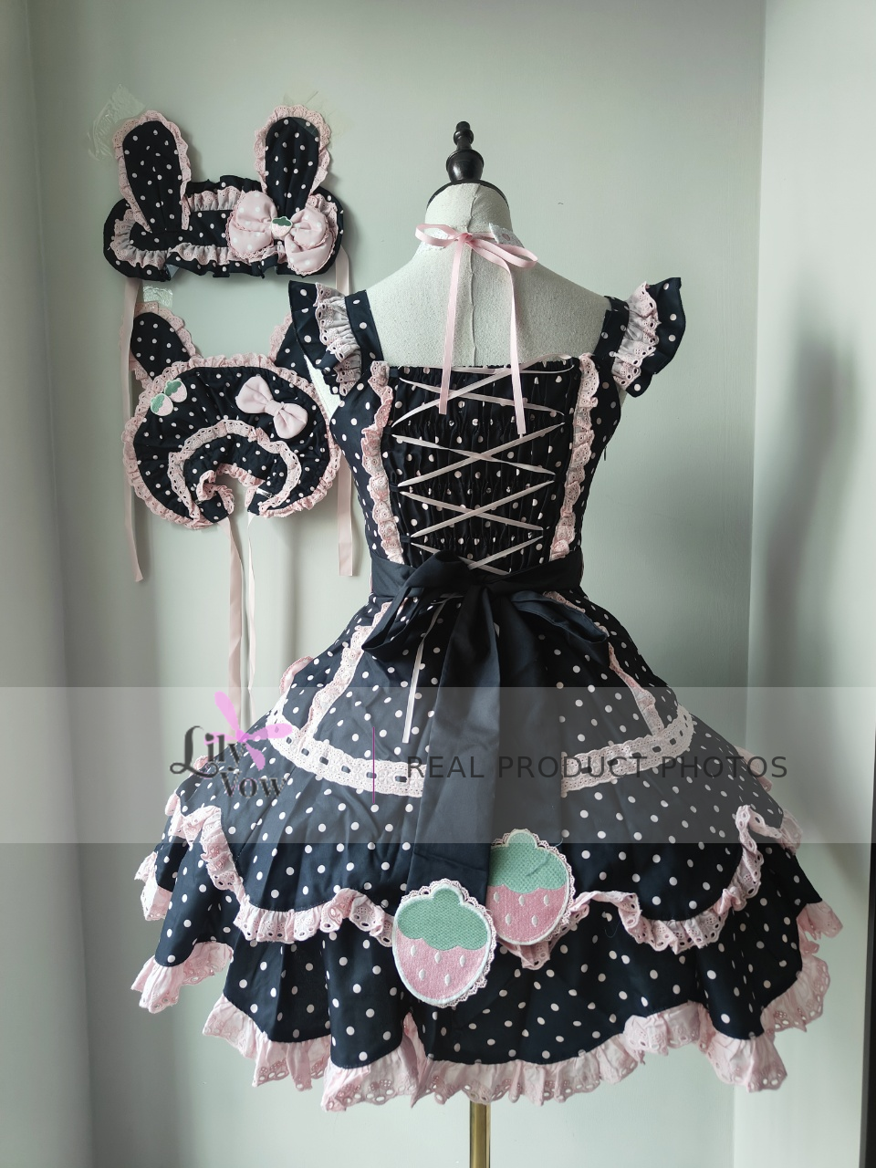 Black and pink strawberry polka dot Lolita JSK full set real product photo - back view