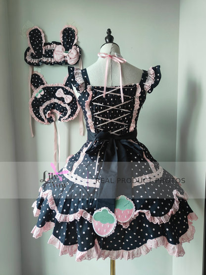 Black and pink strawberry polka dot Lolita JSK full set real product photo - back view