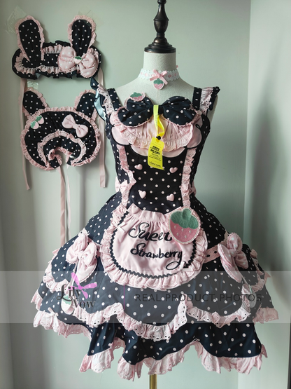 Black and pink strawberry polka dot Lolita JSK full set real product photo - front view