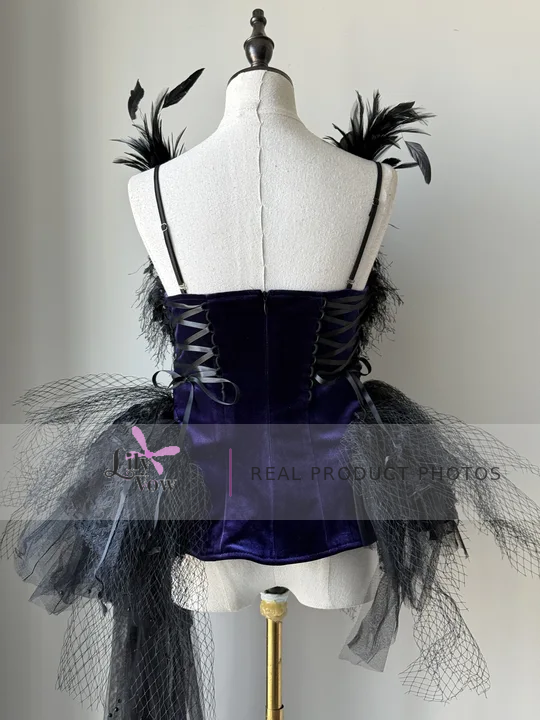 Real product photo of black and purple feather-adorned Gothic ballet dress, back view