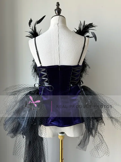 Real product photo of black and purple feather-adorned Gothic ballet dress, back view