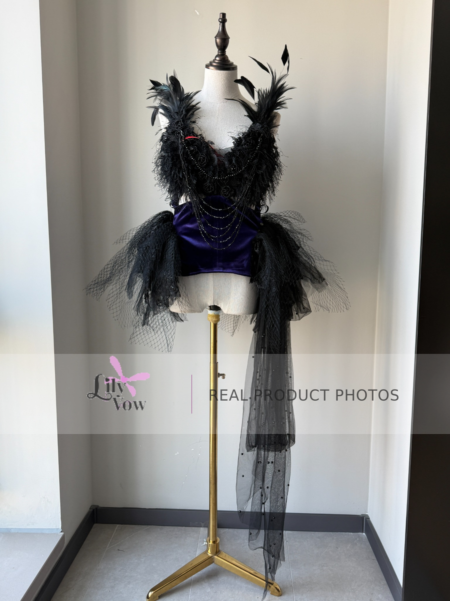 Real product photo of black and purple feather-adorned Gothic ballet dress, front view