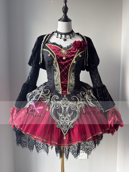 Black and red Gothic vampire Lolita JSK and bolero front view – LilyVow real product photo