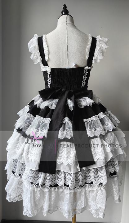 Black and white tiered lace Lolita dress real product photo, back view
