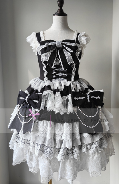 Black and white tiered lace Lolita dress real product photo, front view