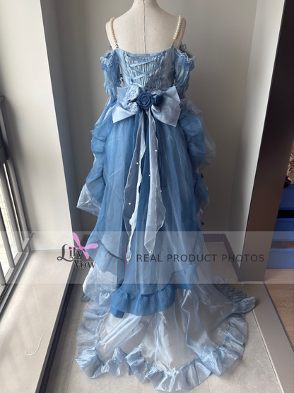 Blue pearl chain high-low Lolita dress back view with lace-up train – LilyVow real product photo