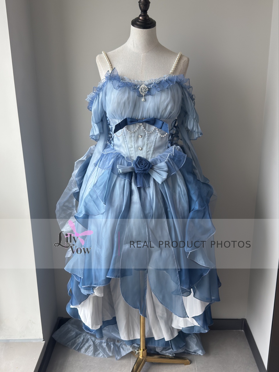 Blue pearl chain high-low Lolita dress front view – LilyVow real product photo