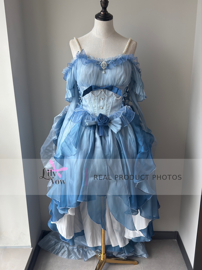Blue pearl chain high-low Lolita dress front view – LilyVow real product photo