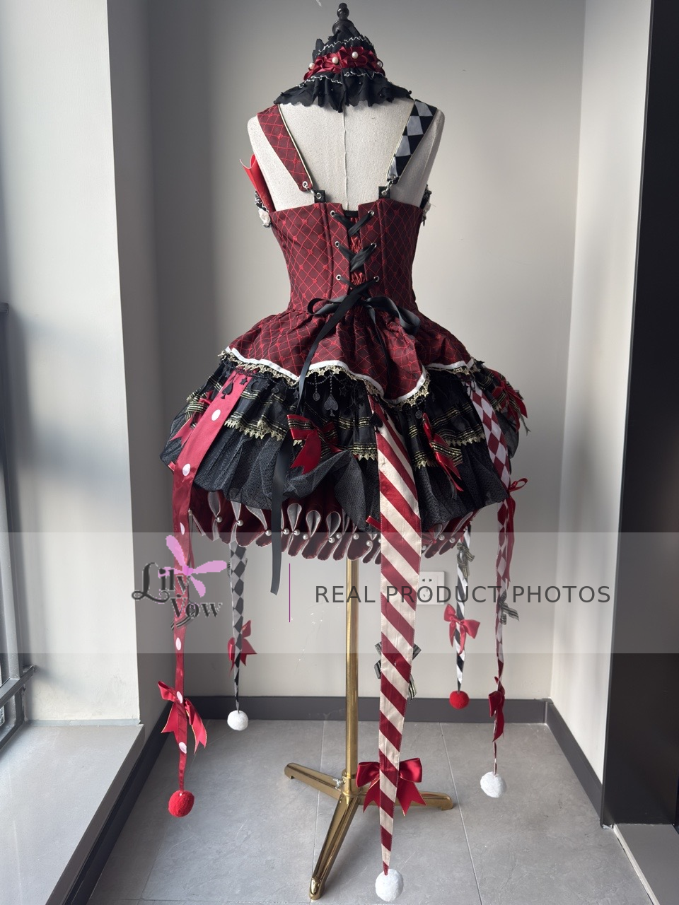 K.Q.F Black and Red Circus Lolita full set back view with corset lacing – LilyVow real product photo