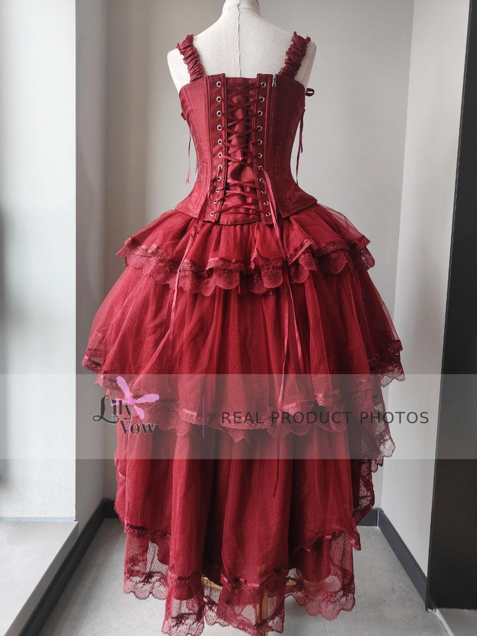 Red classic Lolita corset and high-low layered tulle skirt real product photo - back view