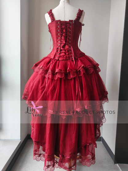 Red classic Lolita corset and high-low layered tulle skirt real product photo - back view