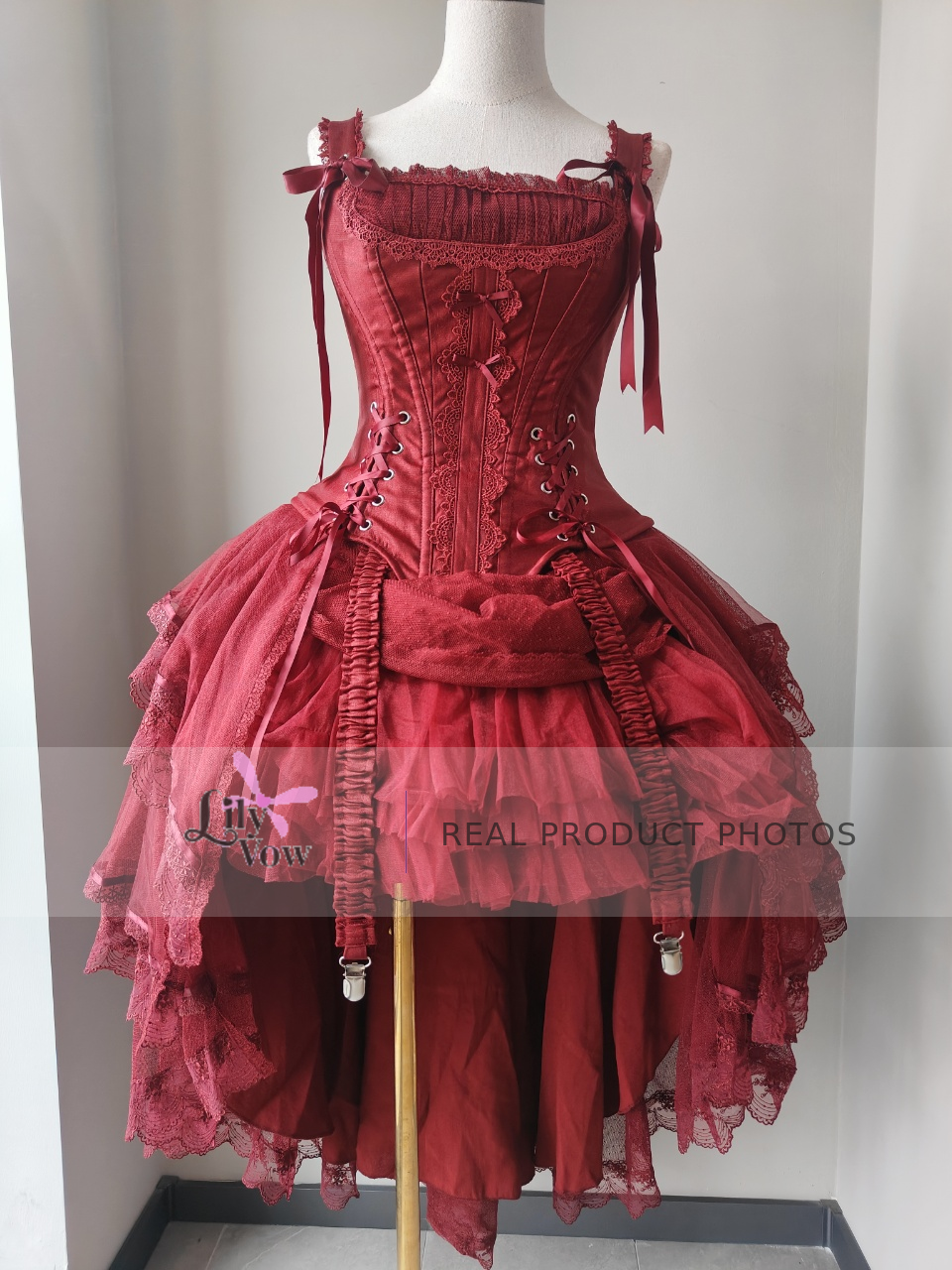 Red classic Lolita corset and high-low layered tulle skirt real product photo - front view