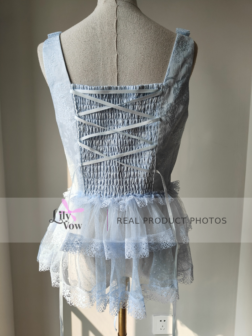 Light blue lace underbust corset real product photo, back view