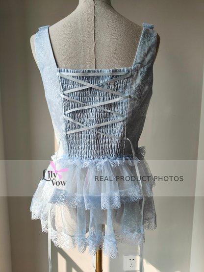 Light blue lace underbust corset real product photo, back view