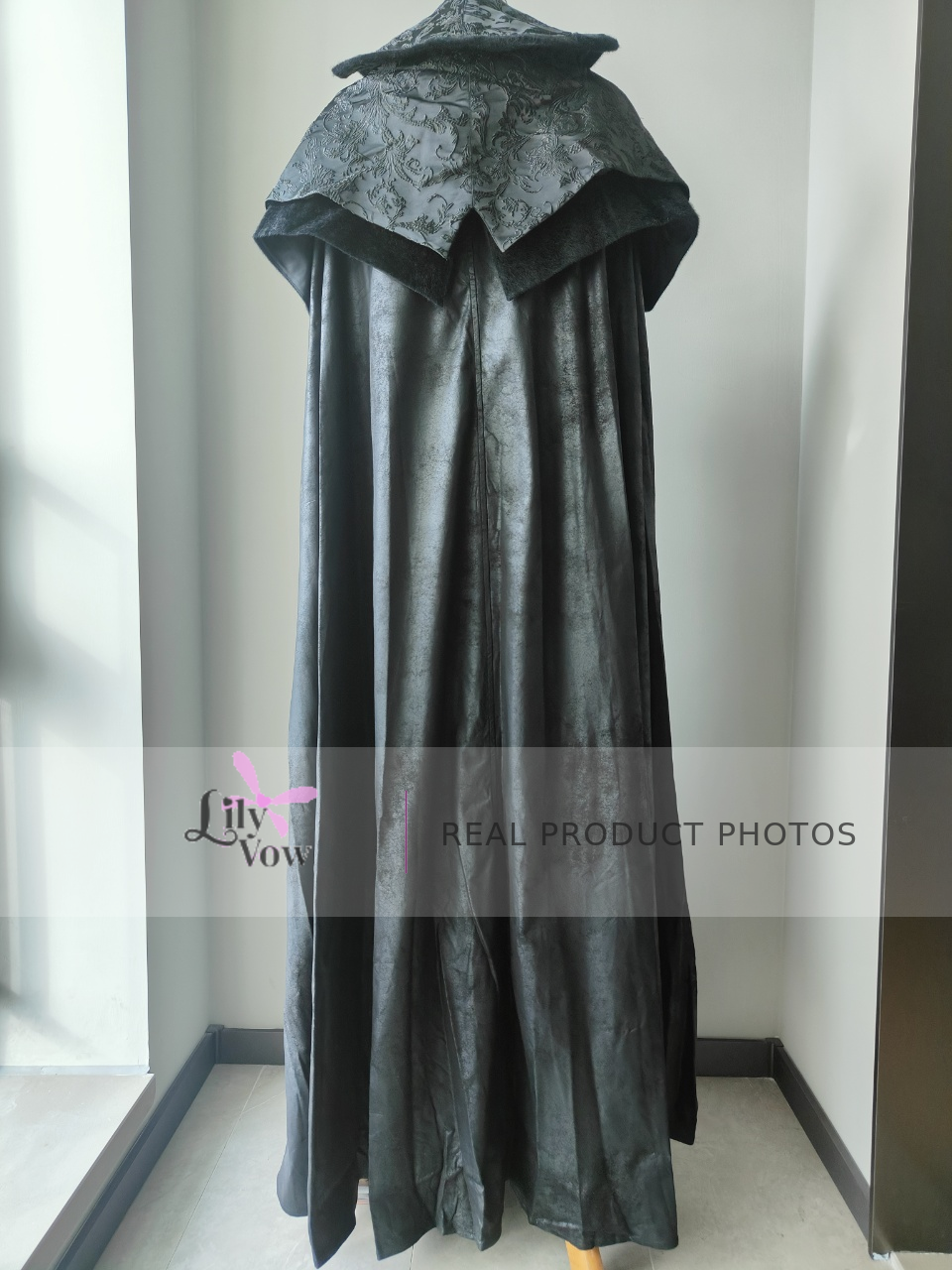 Men's black Gothic floor-length cloak real product photo, back view