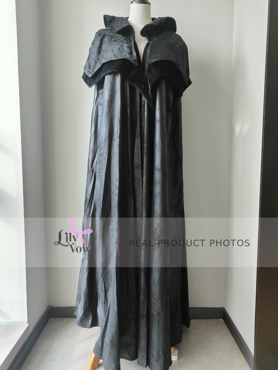 Men's black Gothic floor-length cloak real product photo, front view
