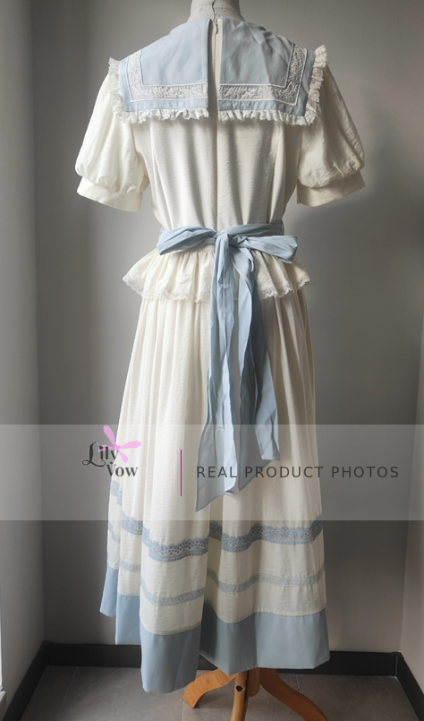 Milk white and light blue sailor Lolita dress real product photo, back view