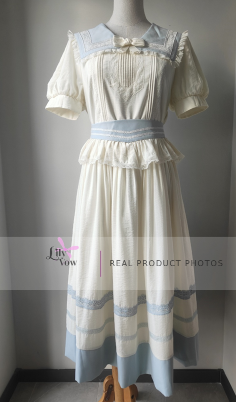 Milk white and light blue sailor Lolita dress real product photo, front view