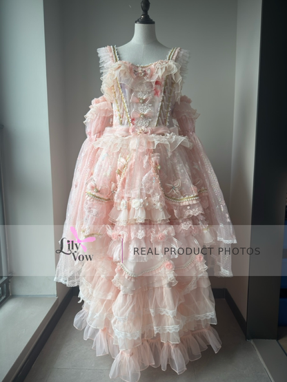 Front real product photo of pink floral ankle-length Hime Lolita dress
