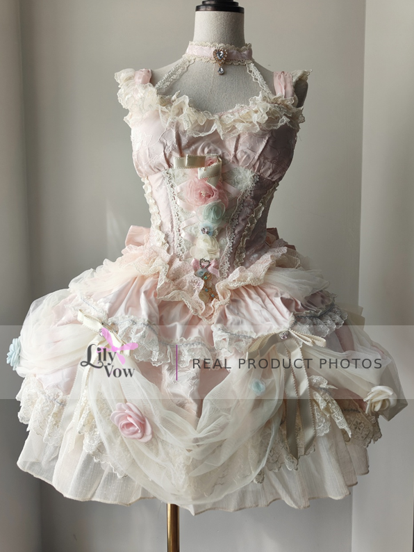 Pink floral fairy corset Lolita dress real product photo, front view