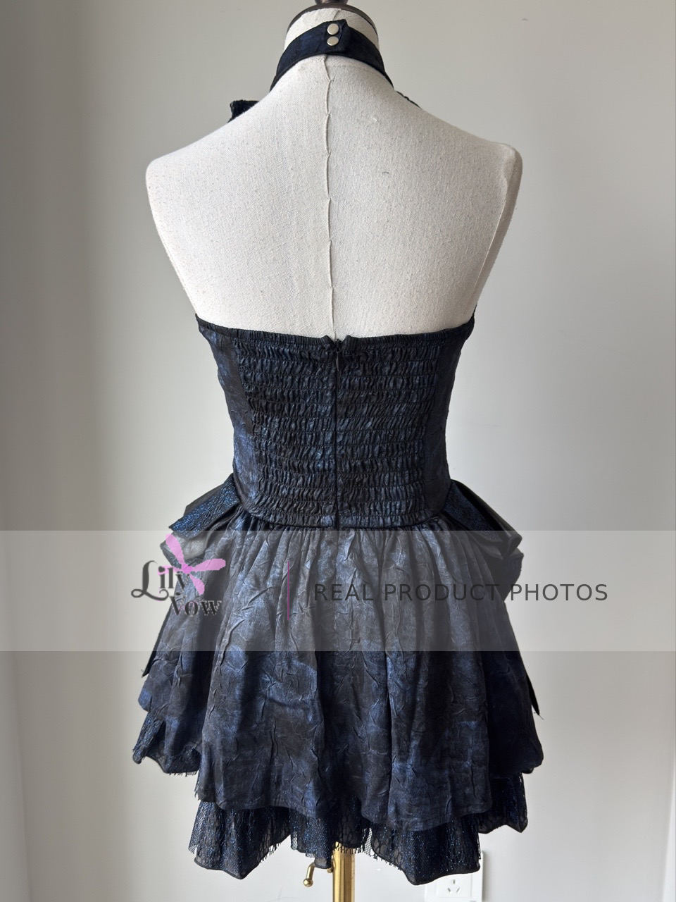 Back real product photo of black blue punk girl dress with smocked bodice and lace hem
