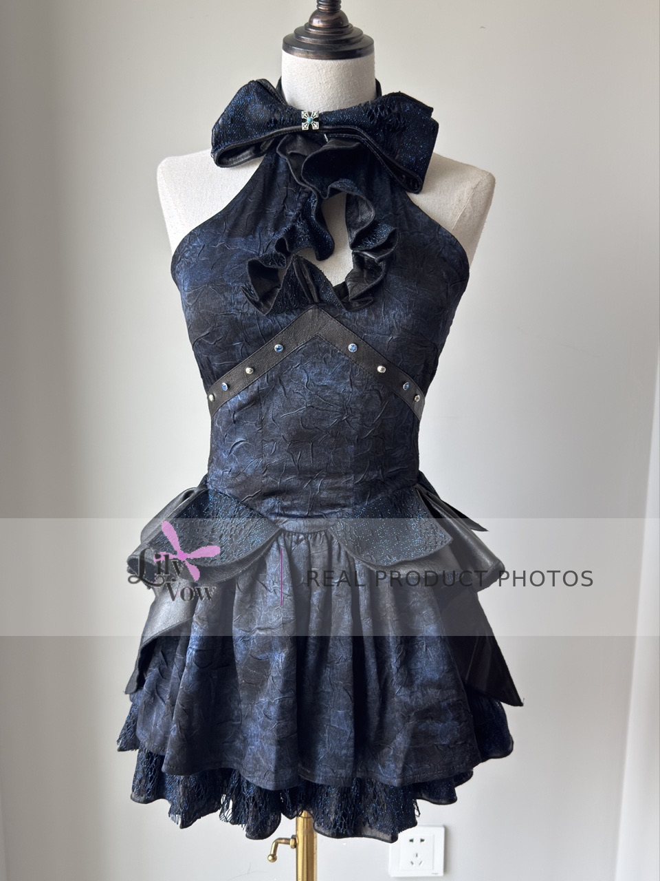 Front real product photo of black blue punk girl dress with lace and bow details