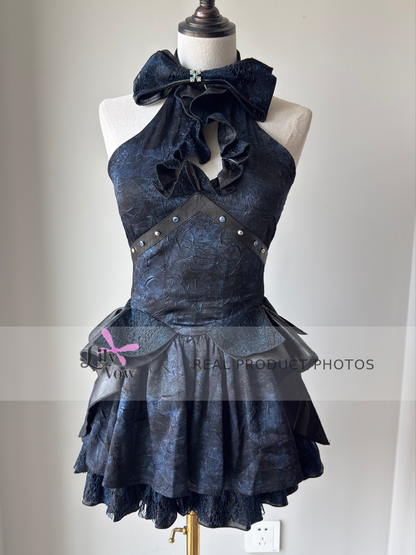 Front real product photo of black blue punk girl dress with lace and bow details
