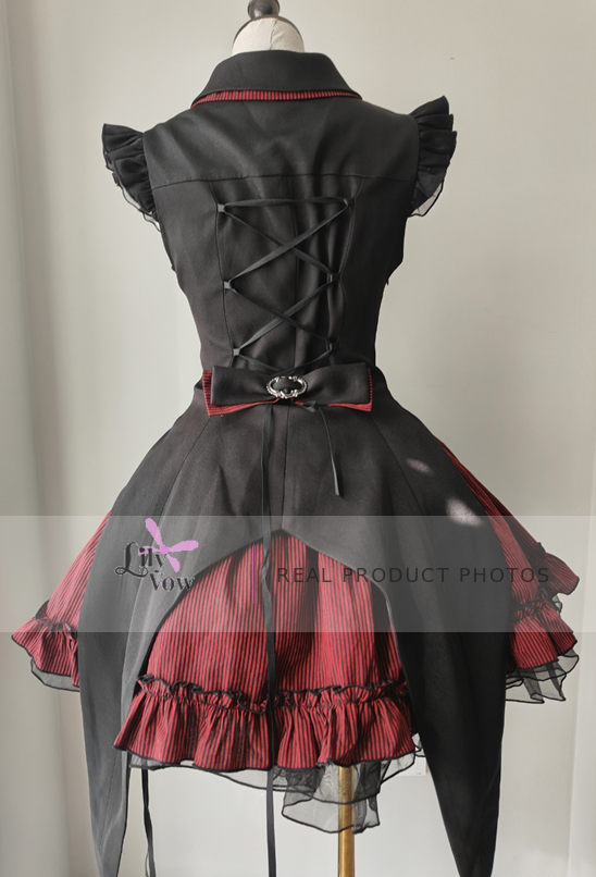 Red and black striped Gothic Lolita dress real product photo, back view