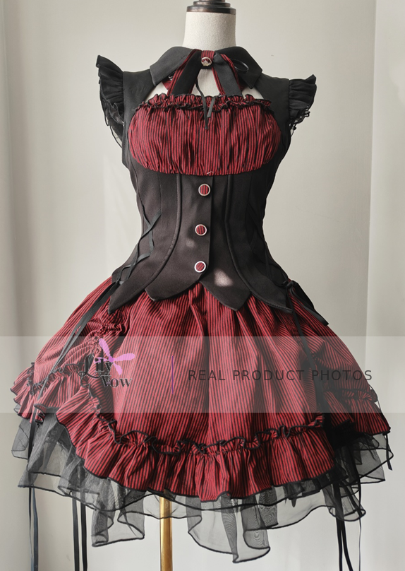 Red and black striped Gothic Lolita dress real product photo, front view